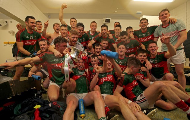 The Mayo team celebrate in the dressing room