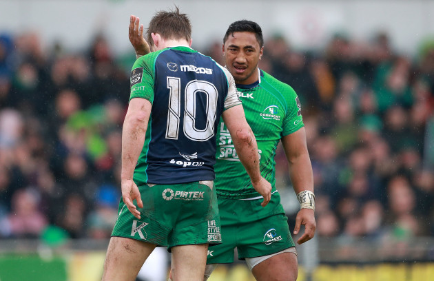 Bundee Aki celebrates scoring his sides first try with AJ MacGinty