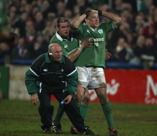 Mark McHugh celebrates his winning penalty with Peter Bracken