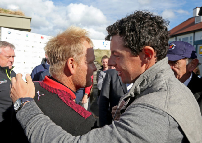 Soren Kjeldsen congratulated by Rory McIlroy