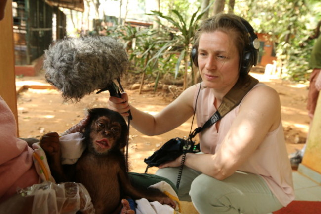 Michele Browne with Lucky the chimp at Tacugama sanctuary (2) 2016