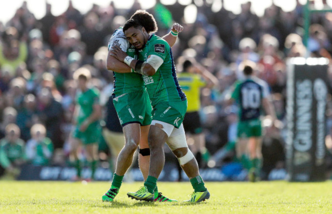 Tiernan O’Halloran celebrates with Bundee Aki after Niyi Adeolokun scored the opening try