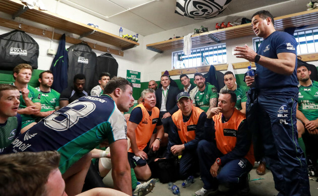 Pat Lam speaks to his team after the game