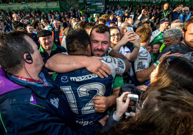 Bundee Aki and JP Cooney celebrate after the game