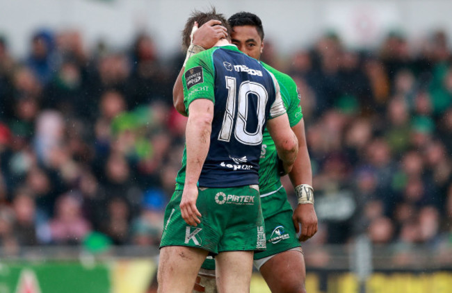 Bundee Aki celebrates scoring his side's first try with AJ MacGinty