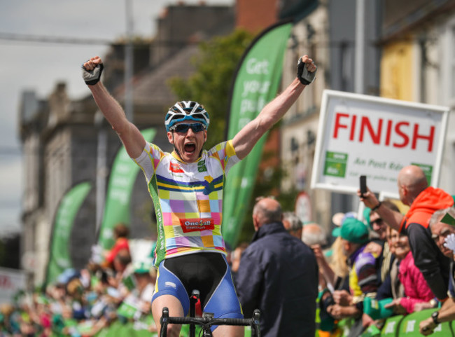 Eoin Morton celebrates winning the second stage of the Ras