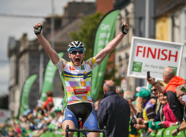Eoin Morton celebrates winning the second stage of the Ras