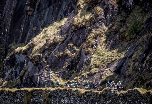 The lead riders in the An Post Rás Stage 3 climb the Conor Pass
