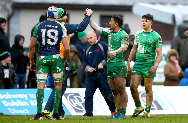 Andrew Browne celebrates with Bundee Aki