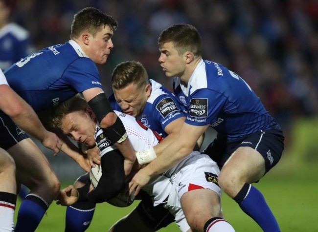 Ulster’s Stuart Olding is tackled by Leinster’s Luke McGrath Ian Madigan and Garry Ringrose