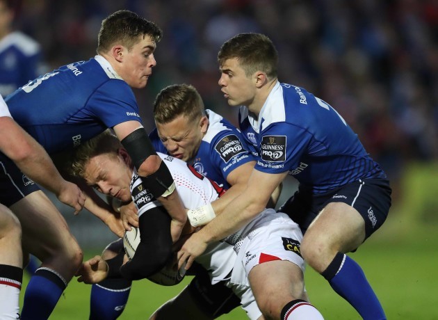 Ulster’s Stuart Olding is tackled by Leinster’s Luke McGrath Ian Madigan and Garry Ringrose
