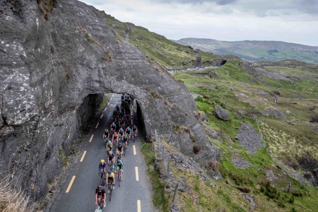 The riders in An Post Rás Stage 5 climb the Caha Pass