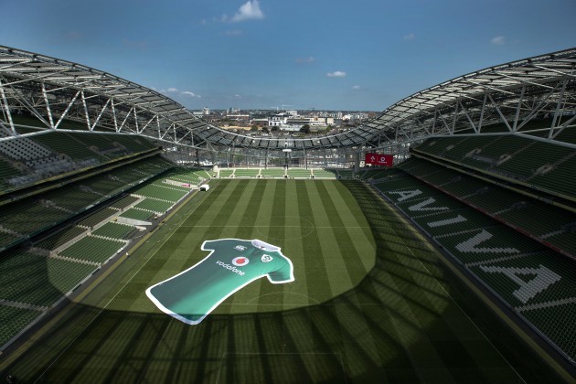 The new Ireland jersey on the pitch of the Aviva Stadium