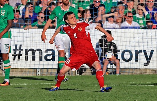 Mikhail Hardzeichuk celebrates scoring his side's first goal