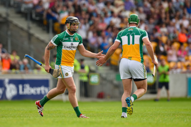 Shane Dooley celebrates his goal with Joe Bergin