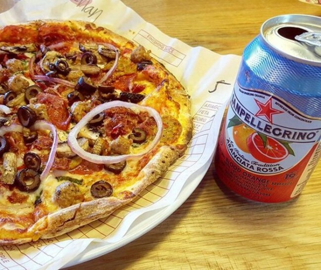 Brick Oven Pizza with a Blood Orange Sanpellegrino is What's for Lunch #brickovenpizza #pizza #italianfood #FoodPorn #Sanpellegrino #BloodOrange