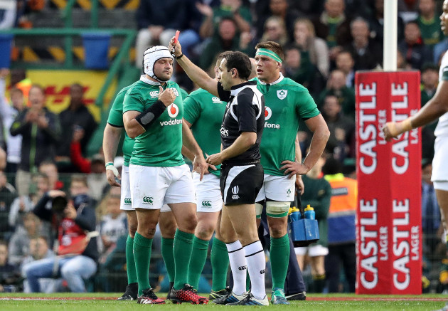 CJ Stander receives a red card from referee Mathieu Raynal