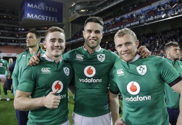 Paddy Jackson, Conor Murray and Keith Earls celebrate after the match