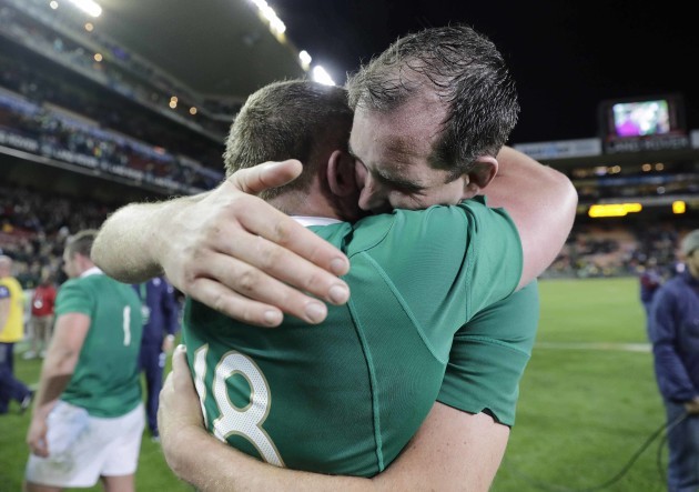 Tadgh Furlong celebrates with Devin Toner after the match