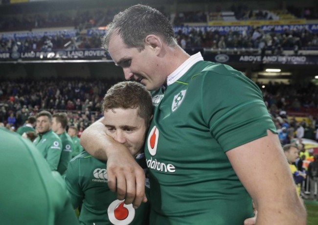 Paddy Jackson celebrates after the match with Devin Toner