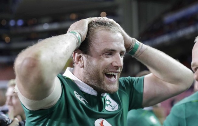 Jamie Heaslip celebrates after the match