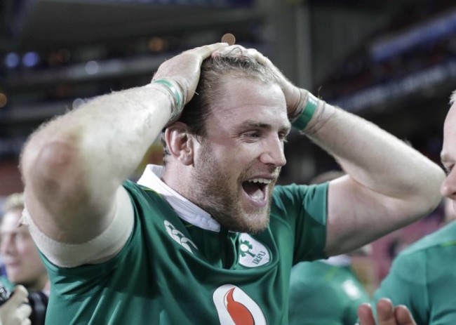 Jamie Heaslip celebrates after the match