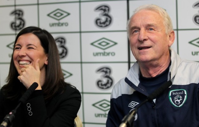 A good humoured Giovanni Trapattoni cracks a joke with interpreter Manuela Spinelli