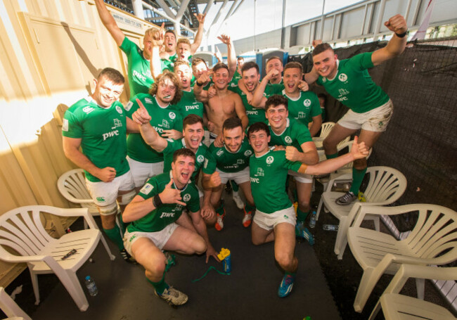 Ireland U20's celebrate in the changing rooms after the game