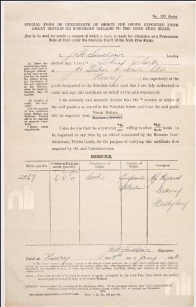 Irish Free State customs certificate for a cake exported