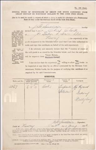 Irish Free State customs certificate for a cake exported
