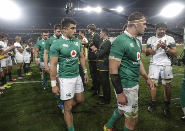 Ireland’s Tiernan O’Halloran and Rhys Ruddock at the end of the match