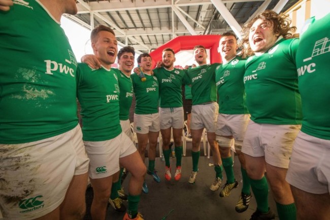 Ireland U20's celebrate in the changing rooms after the game