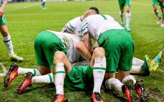 Robbie Brady celebrates scoring his sides first goal with teammates