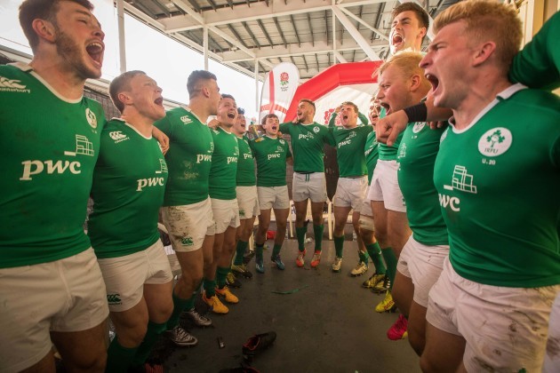Ireland U20's celebrate in the changing rooms after the game