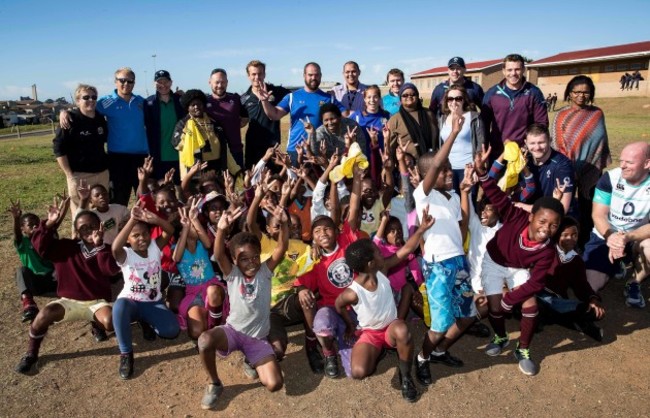 Joe Schmidt, Greg Feek, Eoin Reddan, CJ Stander and Donnacha Ryan with the kids