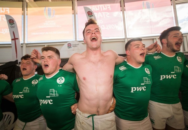 James Ryan celebrates in the changing rooms after the game with his team