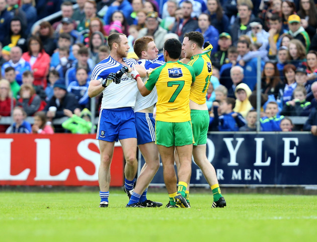 Donegal and Monaghan players have a scuffle
