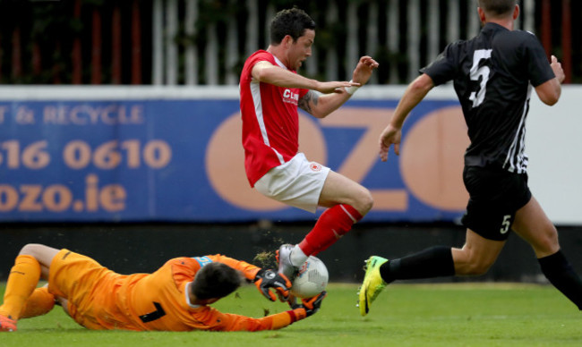 Billy Dennehy with goalkeeper Marc Oberweis