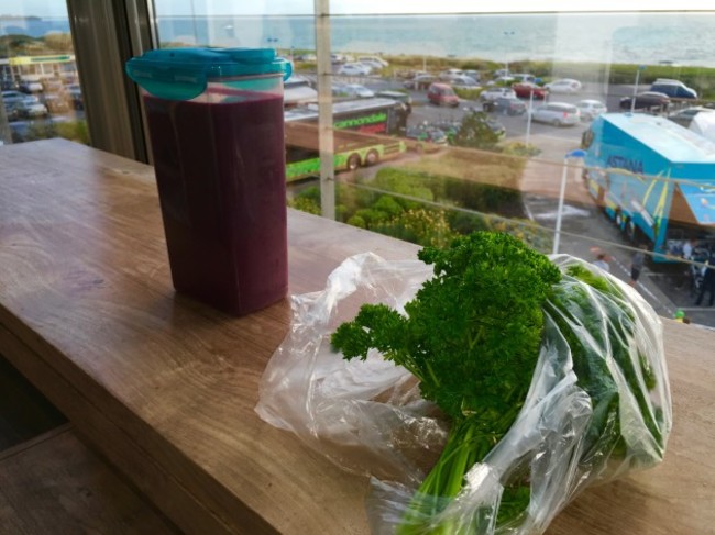 first-there-is-juice-it-has-four-ingredients-beet-fennel-carrot-and-cucumber-the-drink-is-served-with-an-appetizer-both-of-which-are-placed-on-the-table-ready-to-eat-so-that-when-the-hungry-riders-show-up-there-i