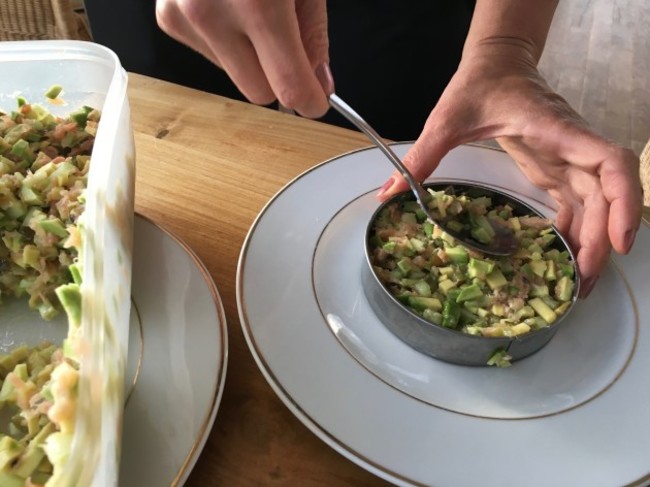 then-came-the-appetizer--salmon-tartare-it-also-had-four-ingredients-salmon-avocado-cucumber-and-pickle-nothing-else-added-as-noted-in-a-previous-article-here-olga-and-sean-prepare-the-riders-food-in-their-mobile