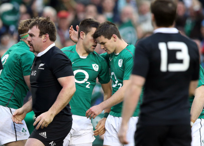 Conor Murray celebrates his try with Jonathan Sexton