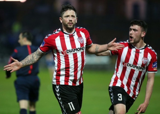 Rory Patterson celebrates his goal with Dean Jarvis