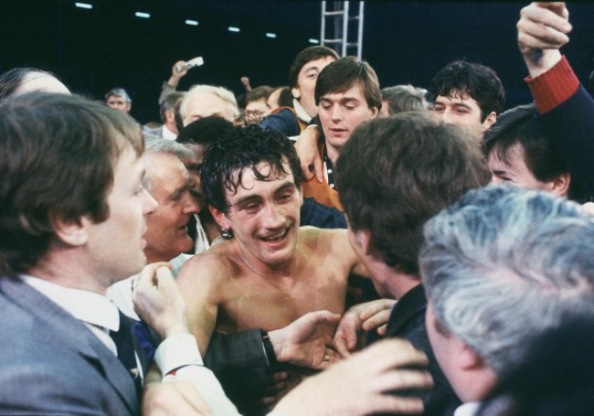 Barry McGuigan celebrates beating Eusebio Pedroza