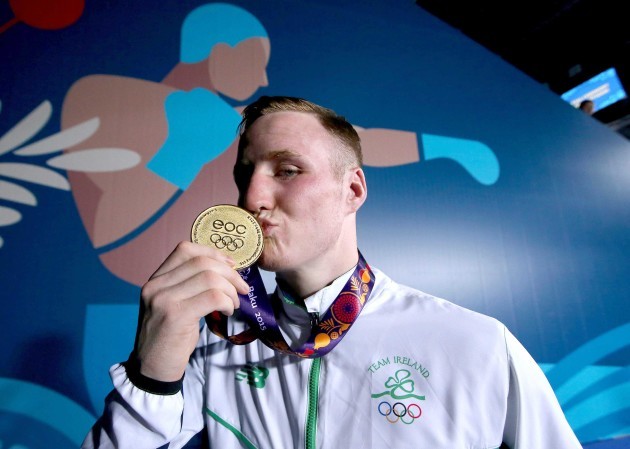 Michael O'Reilly celebrates with his gold medal