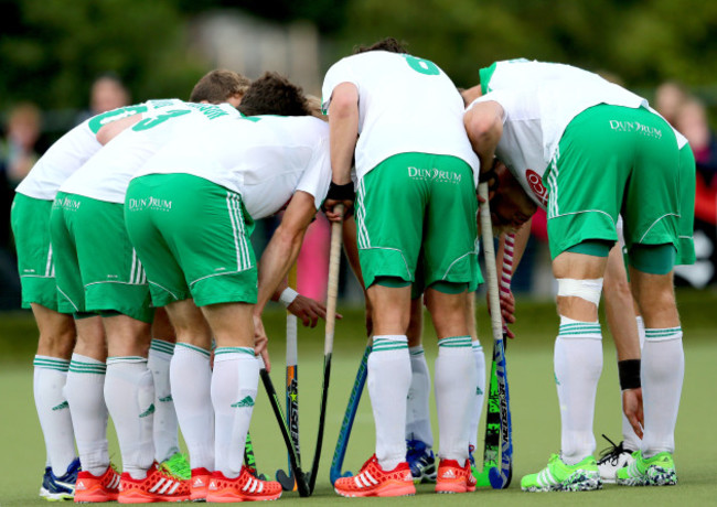 The Ireland team prepare to take a short corner