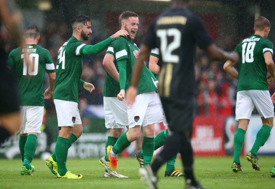 Sean Maguire congratulates goalscorer Kevin O’Connor