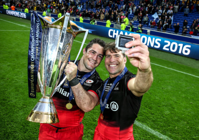 Brad Barritt and Schalk Brits celebrate