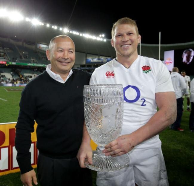 Eddie Jones and Dylan Hartley celebrate with the Cook Cup