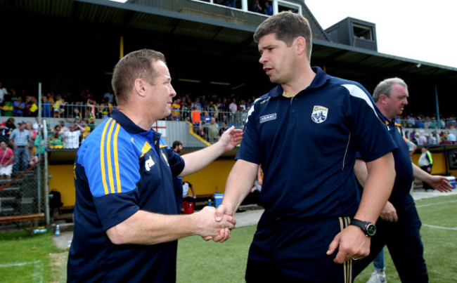 Colm Collins and Eamonn Fitzmaurice shake hands after the game