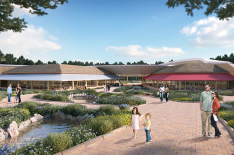 Artist's impression of the north entrance to the Village Centre~Center Parcs Longford Forest